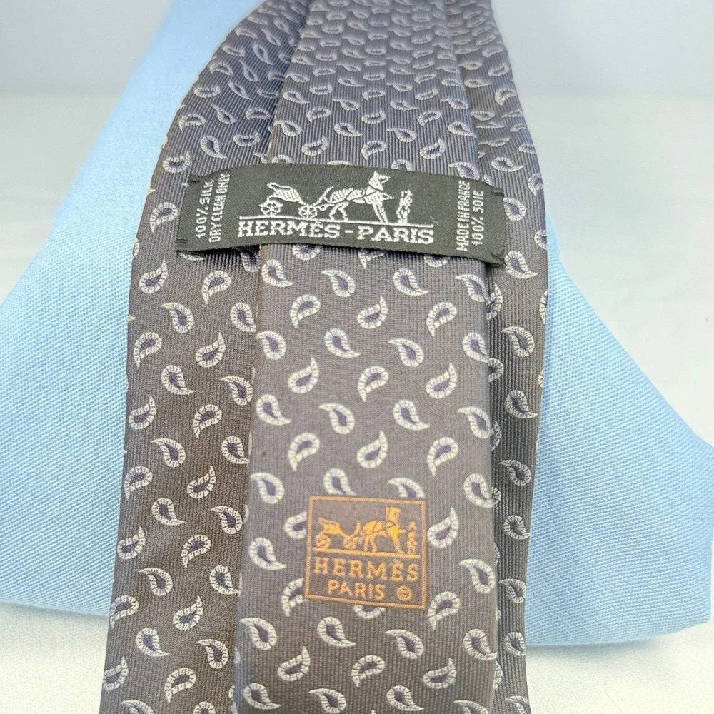 Hermes Vintage Brown and Cream Paisley 100% Silk Tie Pristine Circa 1990's